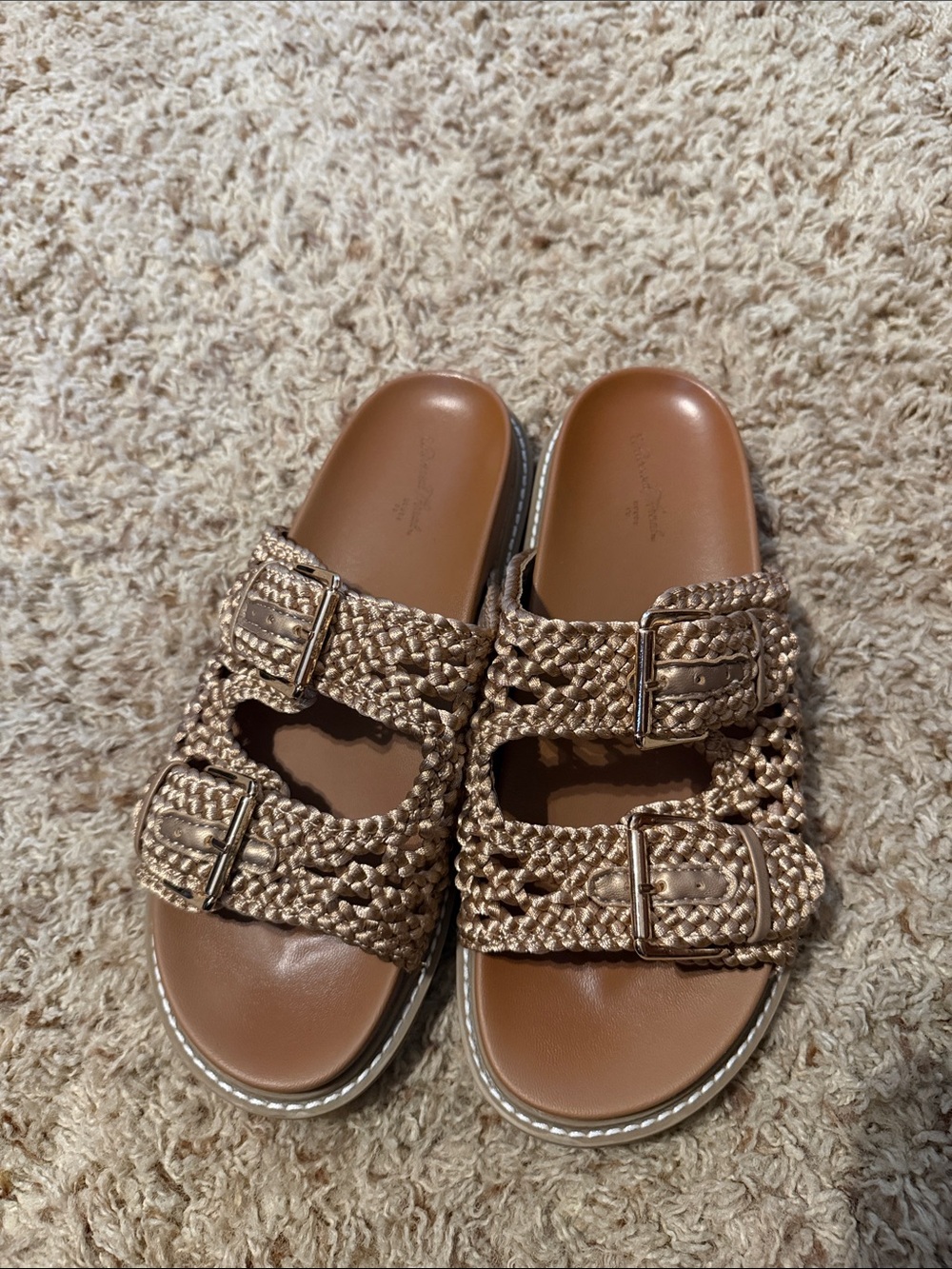 Braided Double-Buckle Sandals in Gold/Brown